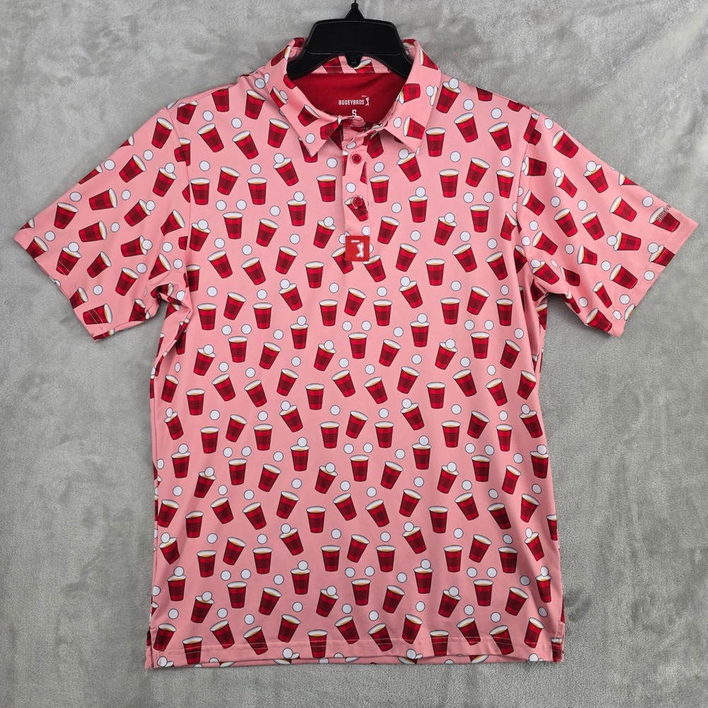 Bogey Bros Shirt Mens Small Pink Polo AOP‎ Party Cups Performance Stretch Golf